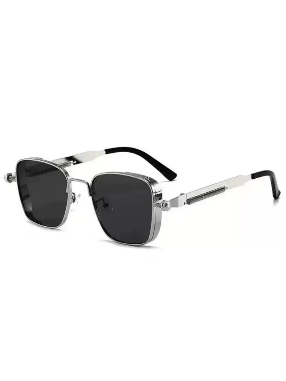 Retro Unisex Square Silver Metal Frame Sunglasses With Black Lenses Spring Hinge